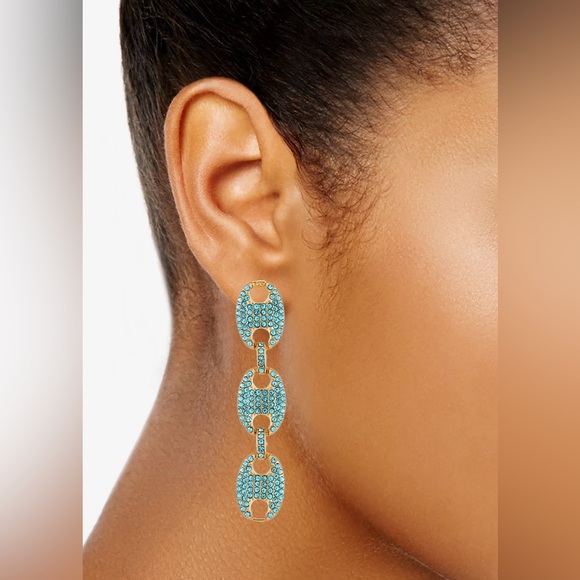 NWT Guess Blue And Gold-Tone Pavé Link Triple Drop Statement Earrings - Picture 2 of 2